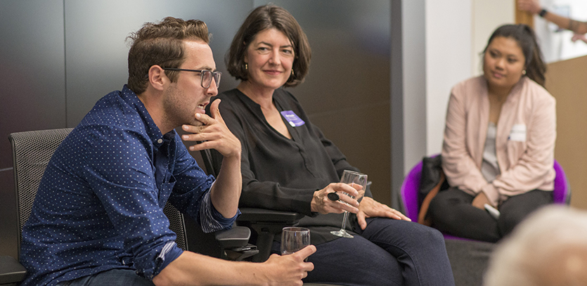 Anthony Jakubiak (left), EDI alumnus, with Pam Daniels (right), faculty member.