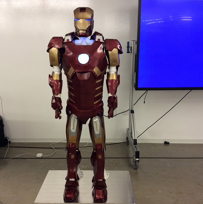 Segal Design Certificate student Joshua Kim shows off his Ironman costume he designed. 