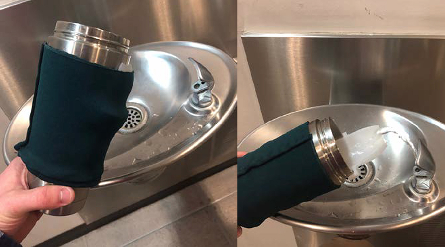 (Left) Funnel stored in sleeve. (Right) Funnel set up on bottle